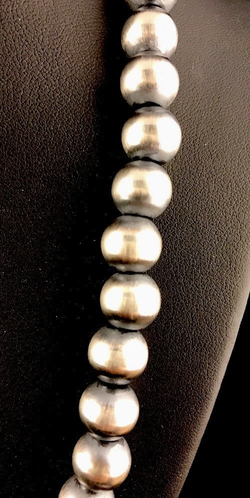 Native American 12mm Sterling Silver Navajo Pearls 24" Hook & Eye Cone Necklace