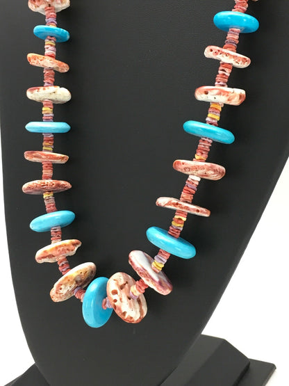 Spiny Oyster & Turquoise Navajo Indian Sterling Silver Necklace 02910