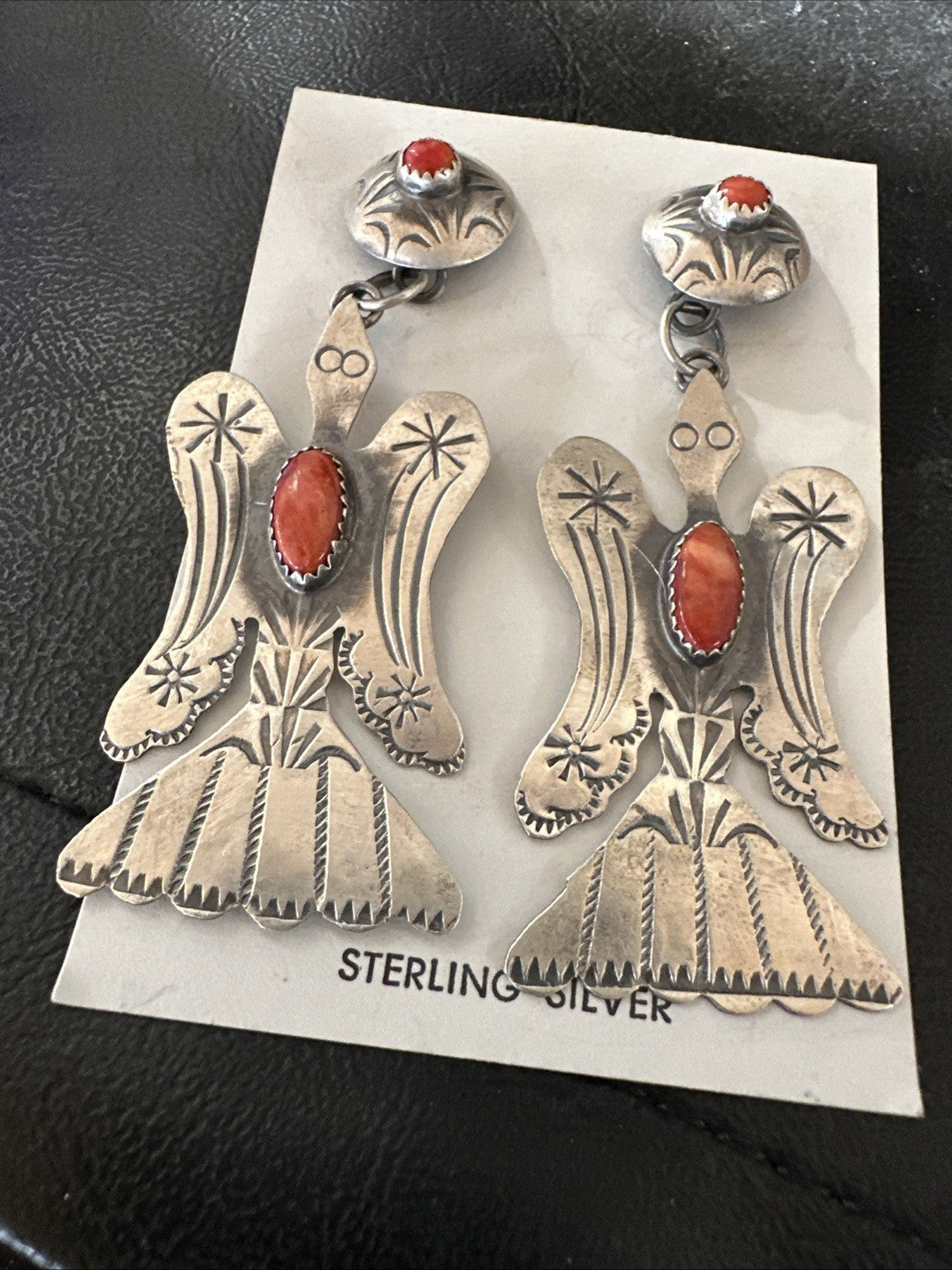 Thunderbird Navajo Womens Stamped Spiny Dangle Earrings Sterling Silver 19787