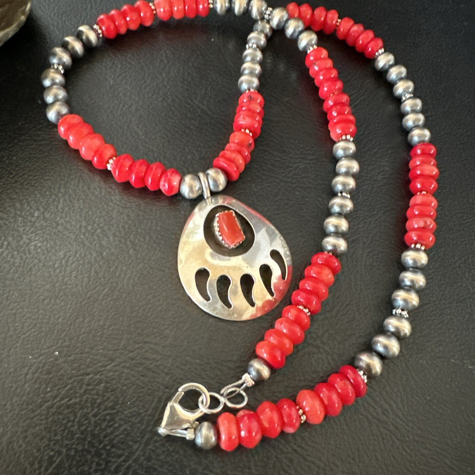 Red Coral BearPaw Inlay Pendant Navajo Pearls Sterling Silver Necklace 21" 18058