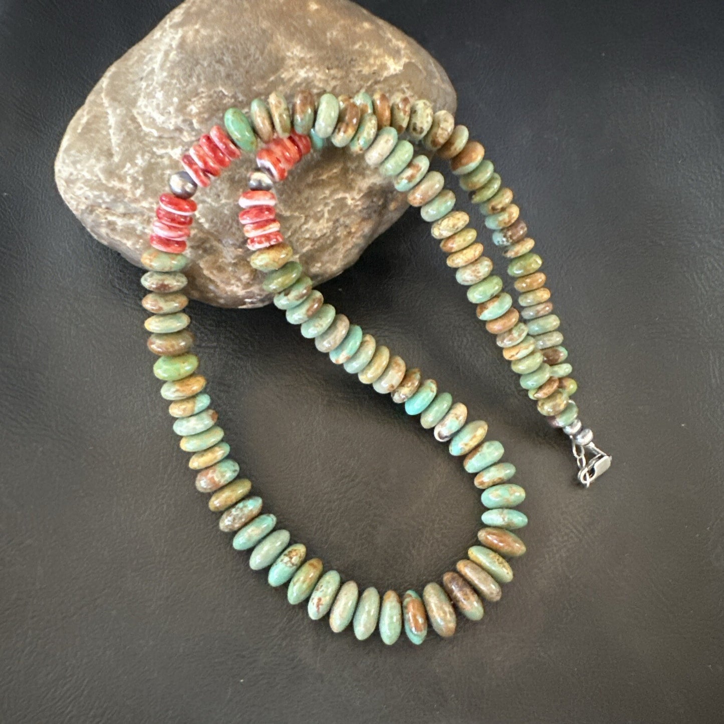 Green Turquoise Red Spiny Oyster Navajo Sterling Silver Necklace 22" 18361