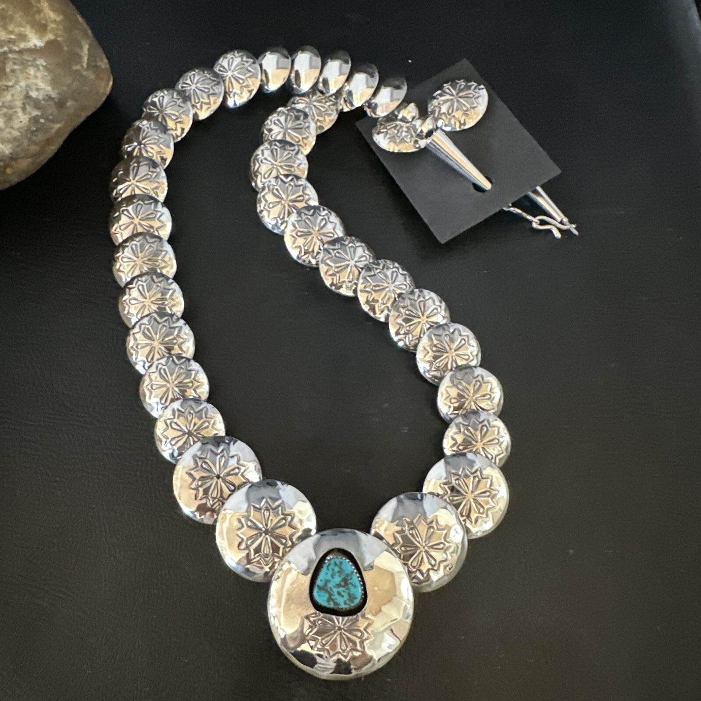 Turquoise Pillow Navajo Sterling Silver Bead Necklace 15082