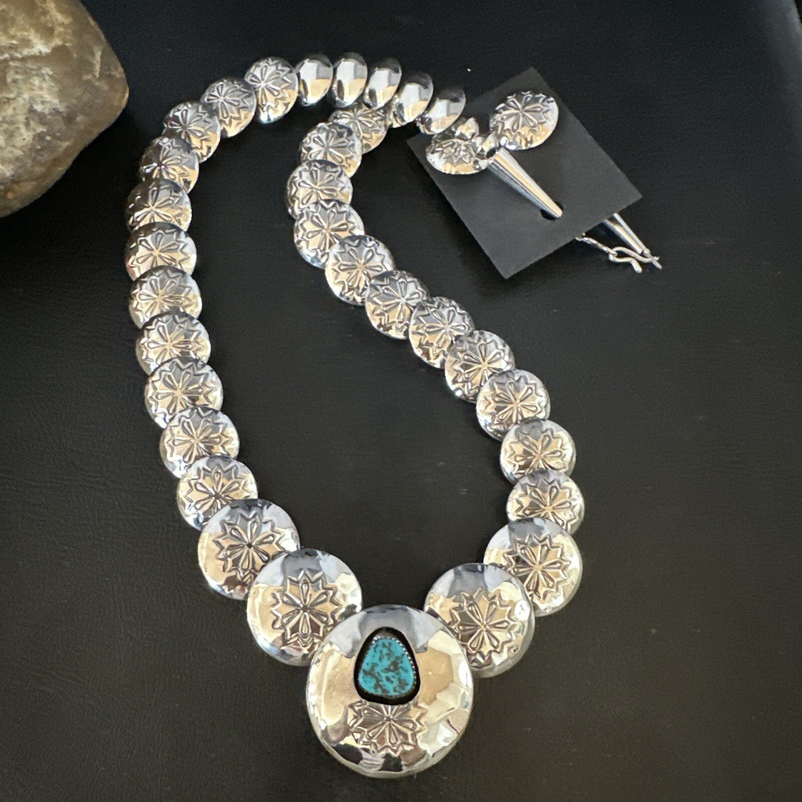 Turquoise Pillow Navajo Sterling Silver Bead Necklace 15082