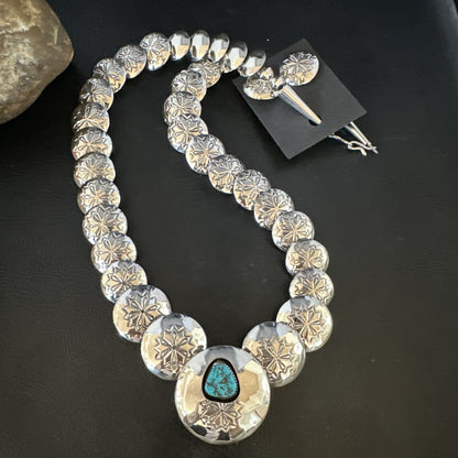 Turquoise Pillow Navajo Sterling Silver Bead Necklace 15082