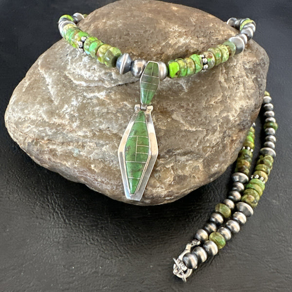 Women's Green Gaspeite Turquoise Pendant Navajo Necklace | Sterling Silver | Authentic Native American Handmade | 17881