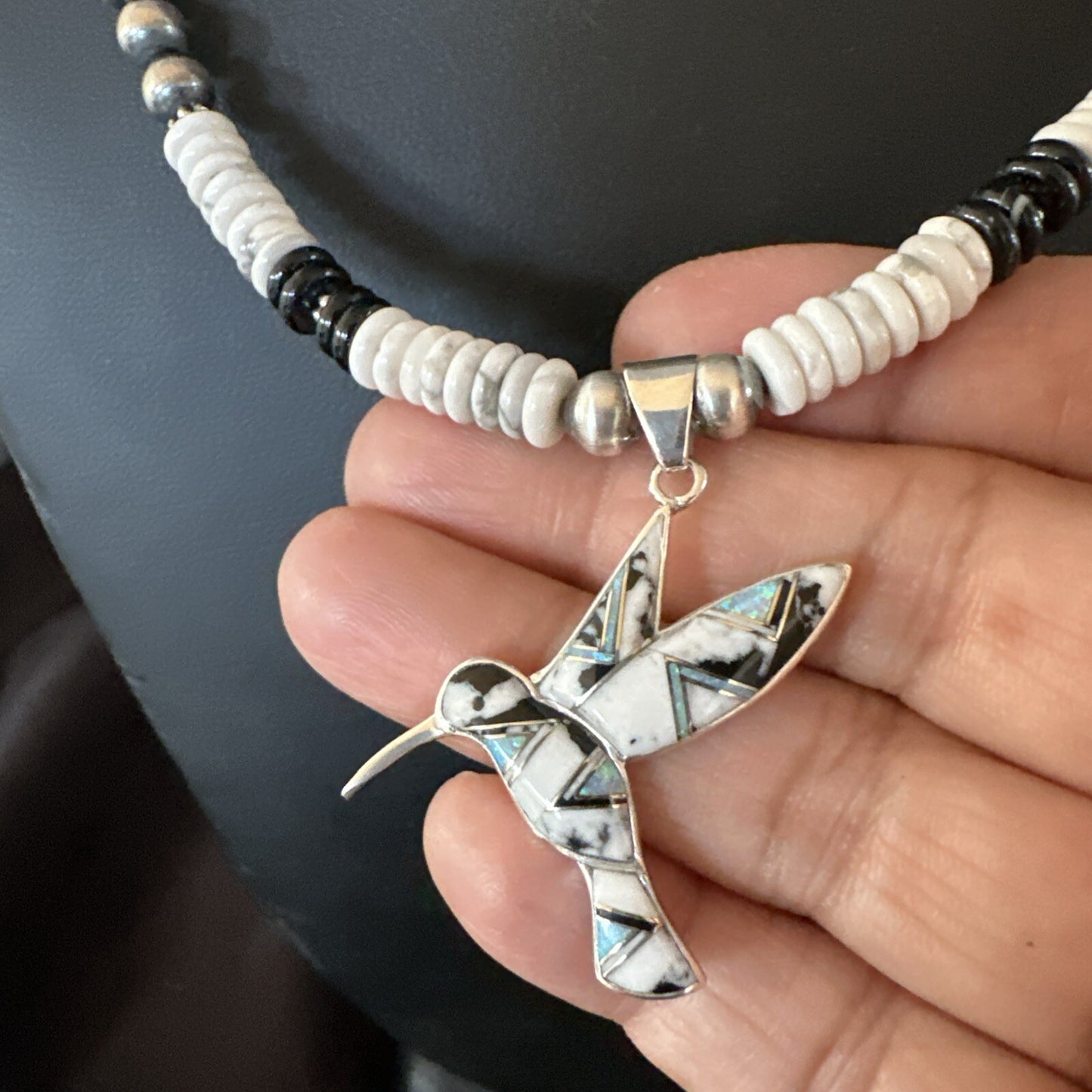 HummingBird White Buffalo Pendant Howlite Sterling Silver Necklace 18727
