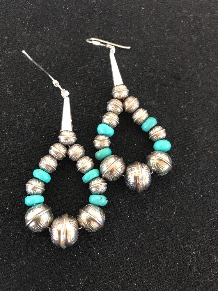 Native Sterling Silver Stamped Turquoise Bead Earrings 10090