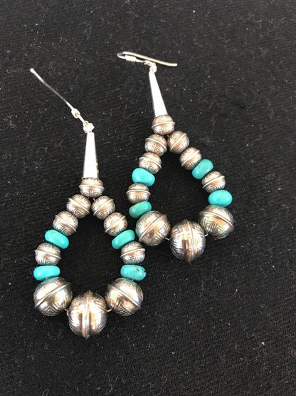 Native Sterling Silver Stamped Turquoise Bead Earrings 10090