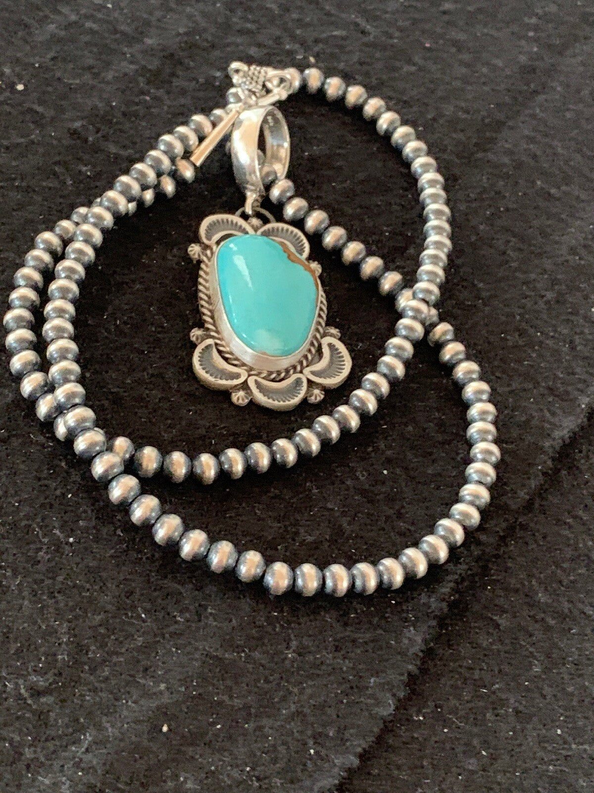 Mens Navajo Pearls Sterling Silver Royston Turquoise Necklace Pendant 04306