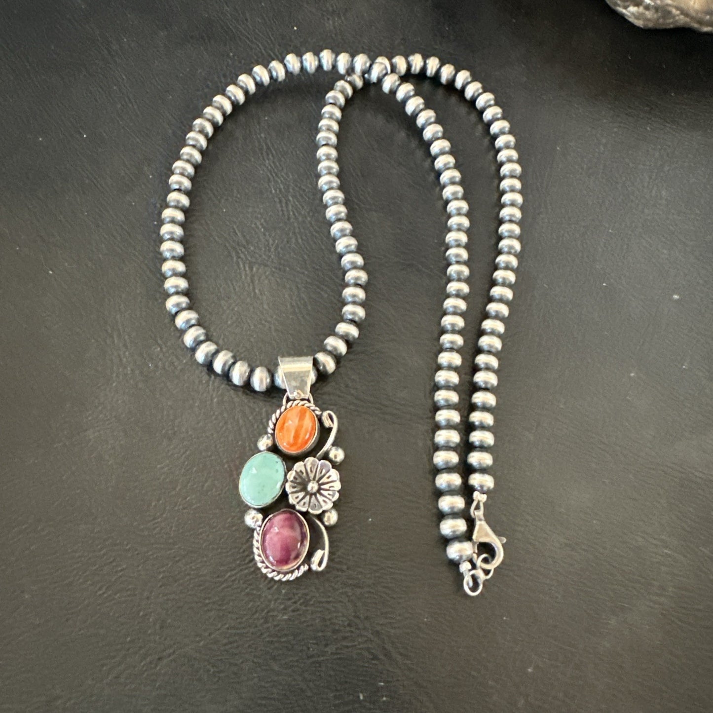 Multicolor Turquoise Spiny Navajo Sterling Silver Cluster Pendant Necklace 19311