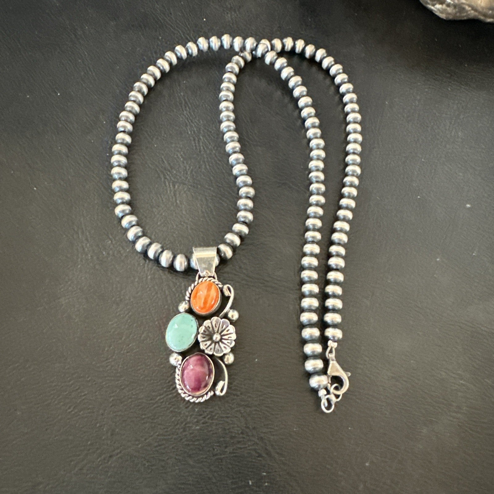 Multicolor Turquoise Spiny Navajo Sterling Silver Cluster Pendant Necklace 19311