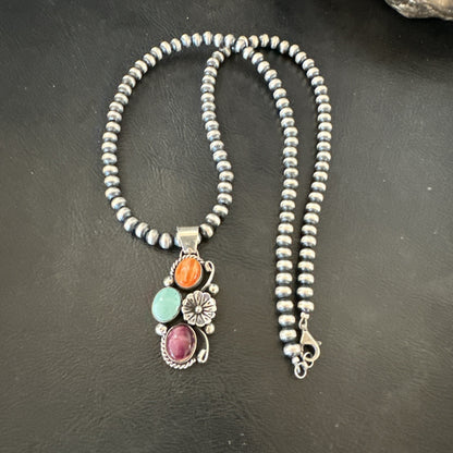 Multicolor Turquoise Spiny Navajo Sterling Silver Cluster Pendant Necklace 19311