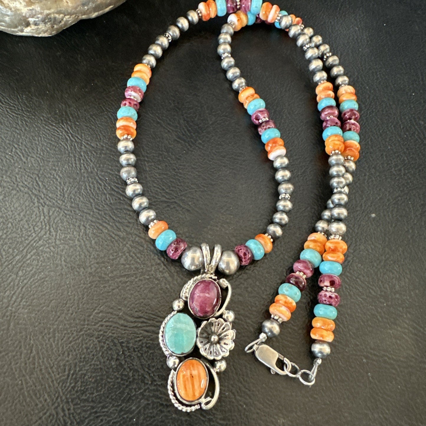 Multicolor Turquoise Spiny Navajo Sterling Silver Cluster Pendant Necklace 19641