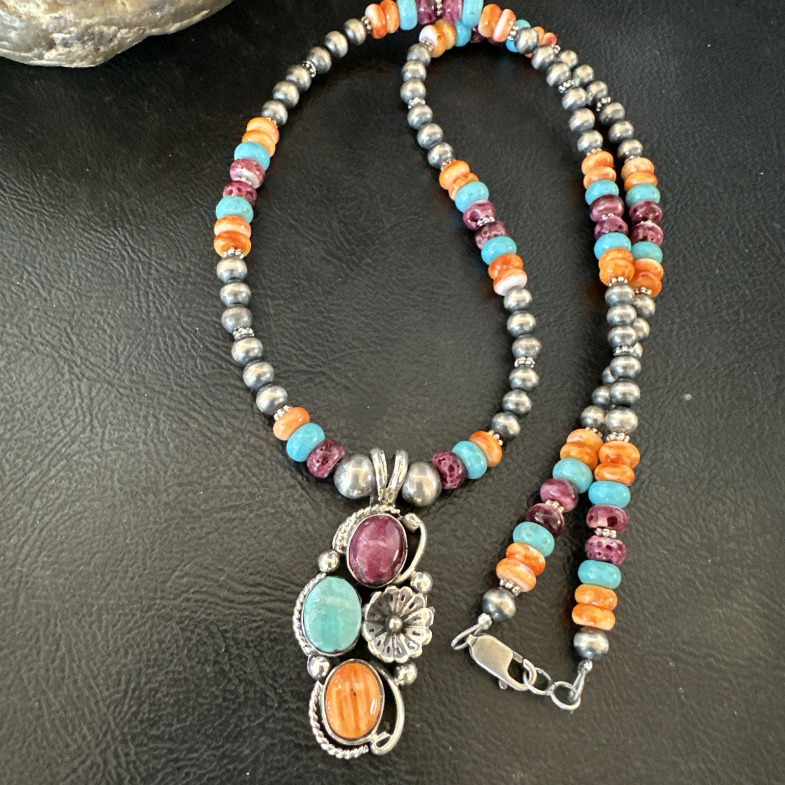 Multicolor Turquoise Spiny Navajo Sterling Silver Cluster Pendant Necklace 19641