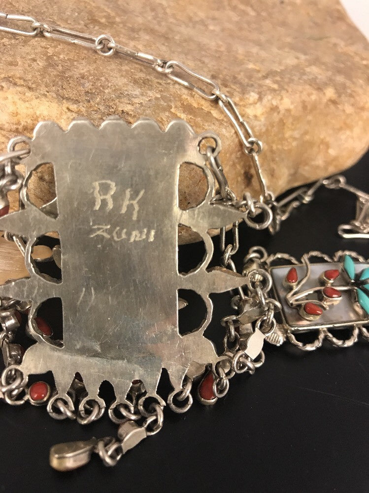 Turquoise & Coral Pendant Zuni Sterling Silver Museum Collectible Necklace 03029