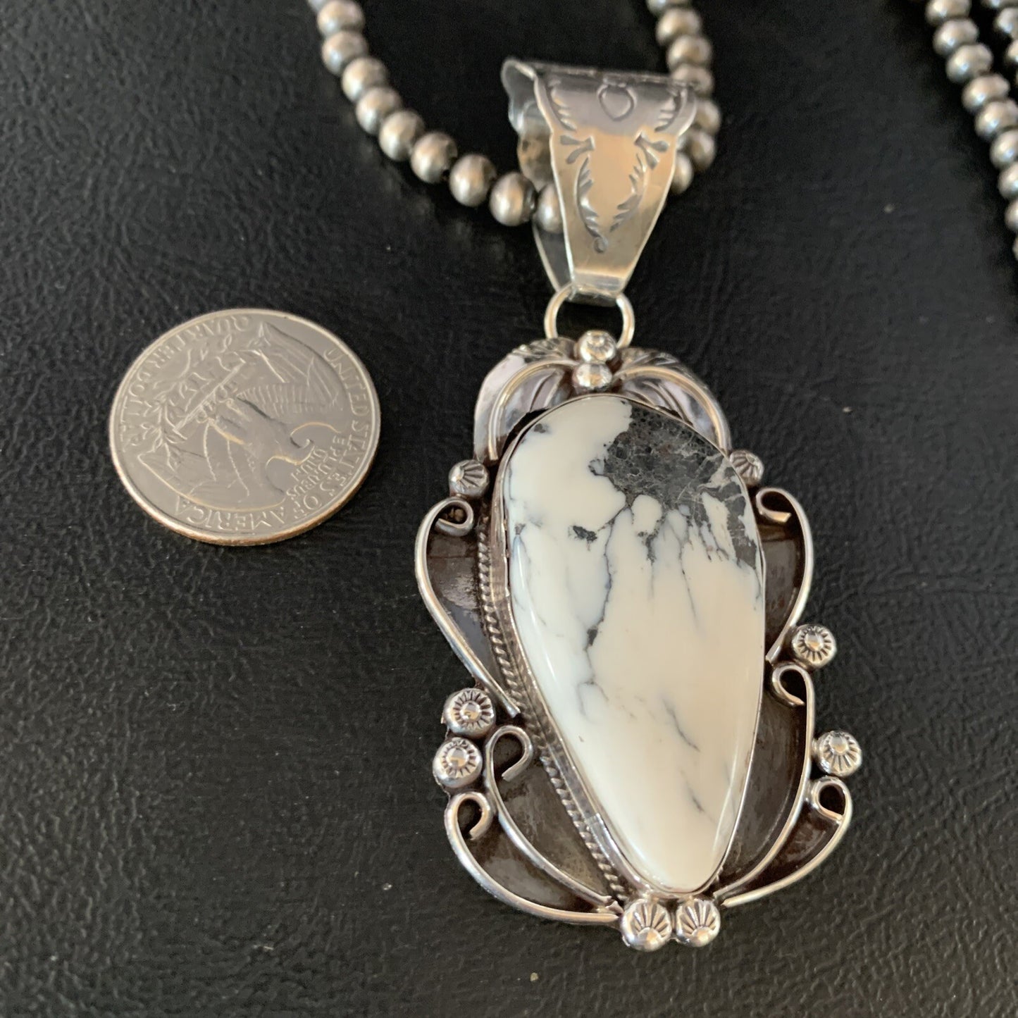 White Buffalo Turquoise Pendant Necklace Sterling Silver Navajo 13994