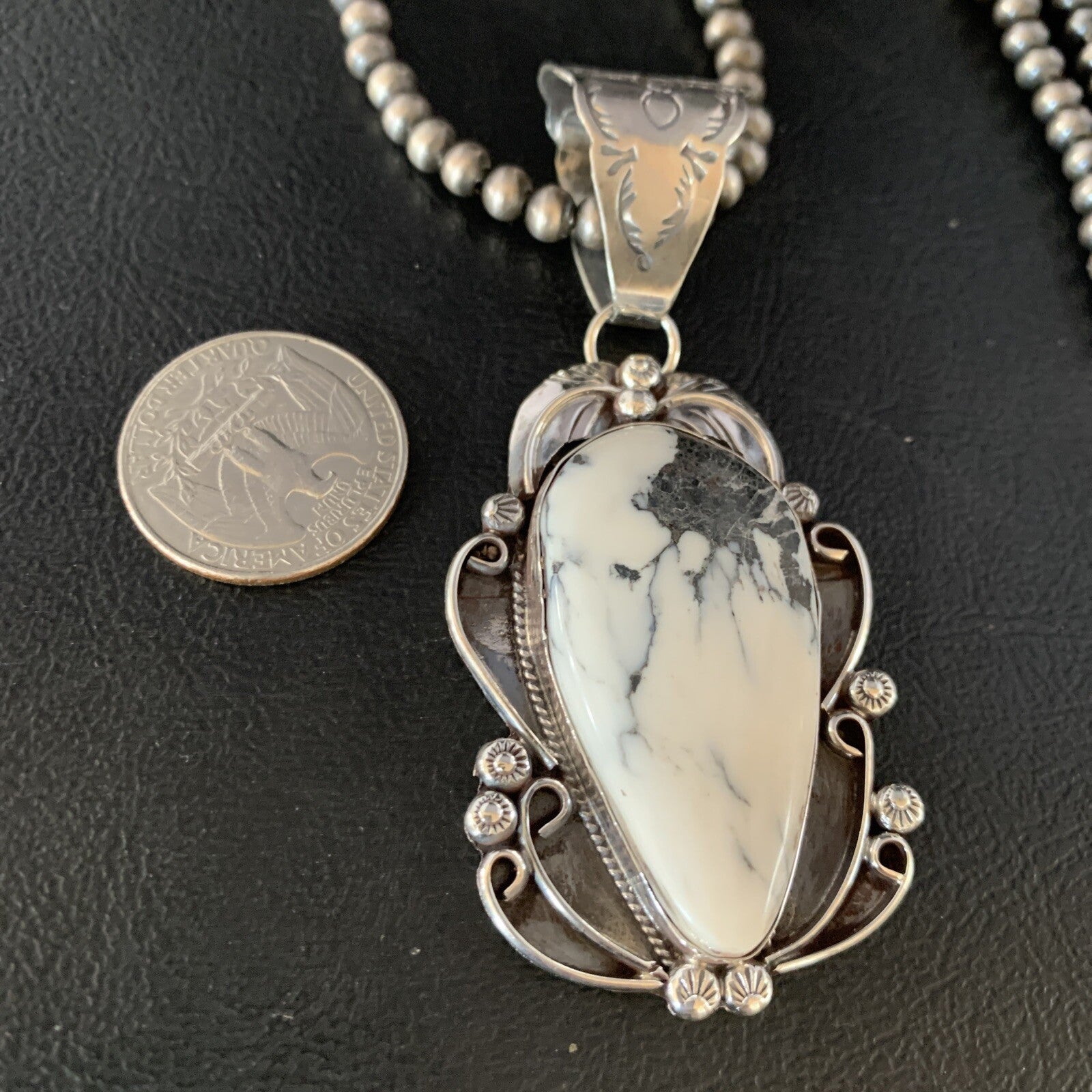 White Buffalo Turquoise Pendant Necklace Sterling Silver Navajo 13994