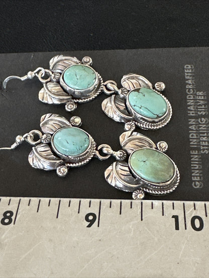Native Navajo Blue Creek Turquoise Sterling Silver Dangle Earrings 2” 17918