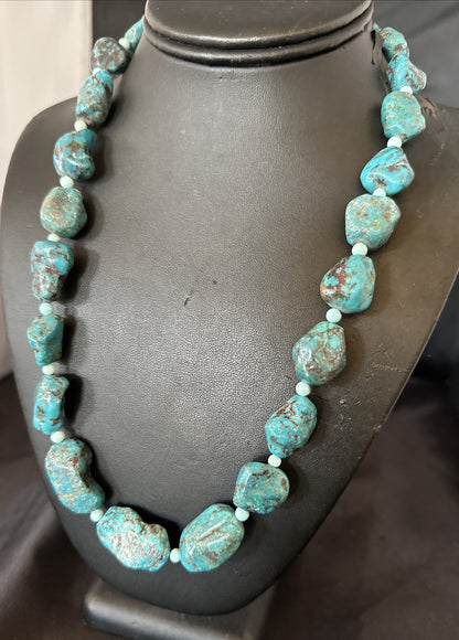 Blue Turquoise Chunky Nugget Navajo Sterling Silver Necklace 22” 18303