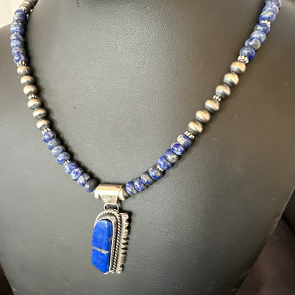 Blue~Lapis~Pendant~Navajo~Pearls~Sterling~Silver~Necklace~ 22”~18742