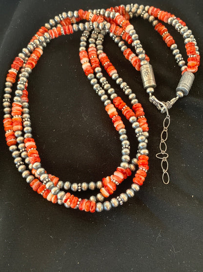 Red Spiny Oyster 3 Strands Navajo Pearls Sterling Silver Necklace 03172