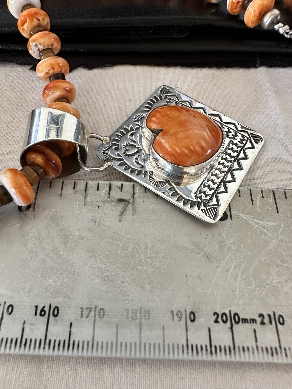 H Joe Orange Spiny Oyster Heart Pendant Navajo Sterling Silver Necklace 19480