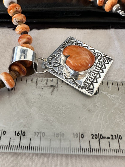 H Joe Orange Spiny Oyster Heart Pendant Navajo Sterling Silver Necklace 19480