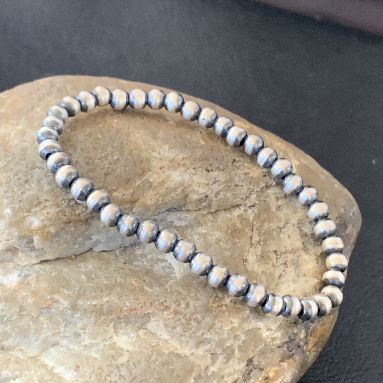 Navajo 4mm Beads 6” Stretchable Sterling Silver Bracelet 90401
