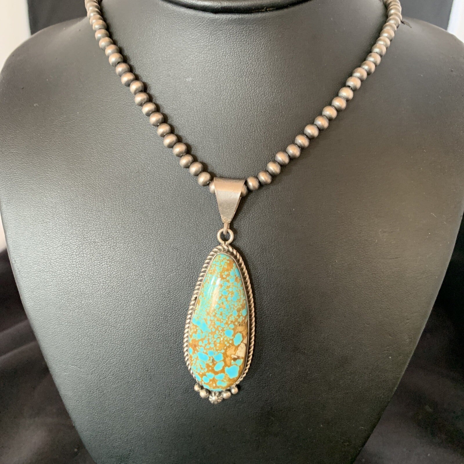 Mens Blue Turquoise #8 Pendant Navajo Pearls Sterling Silver Necklace 13262N