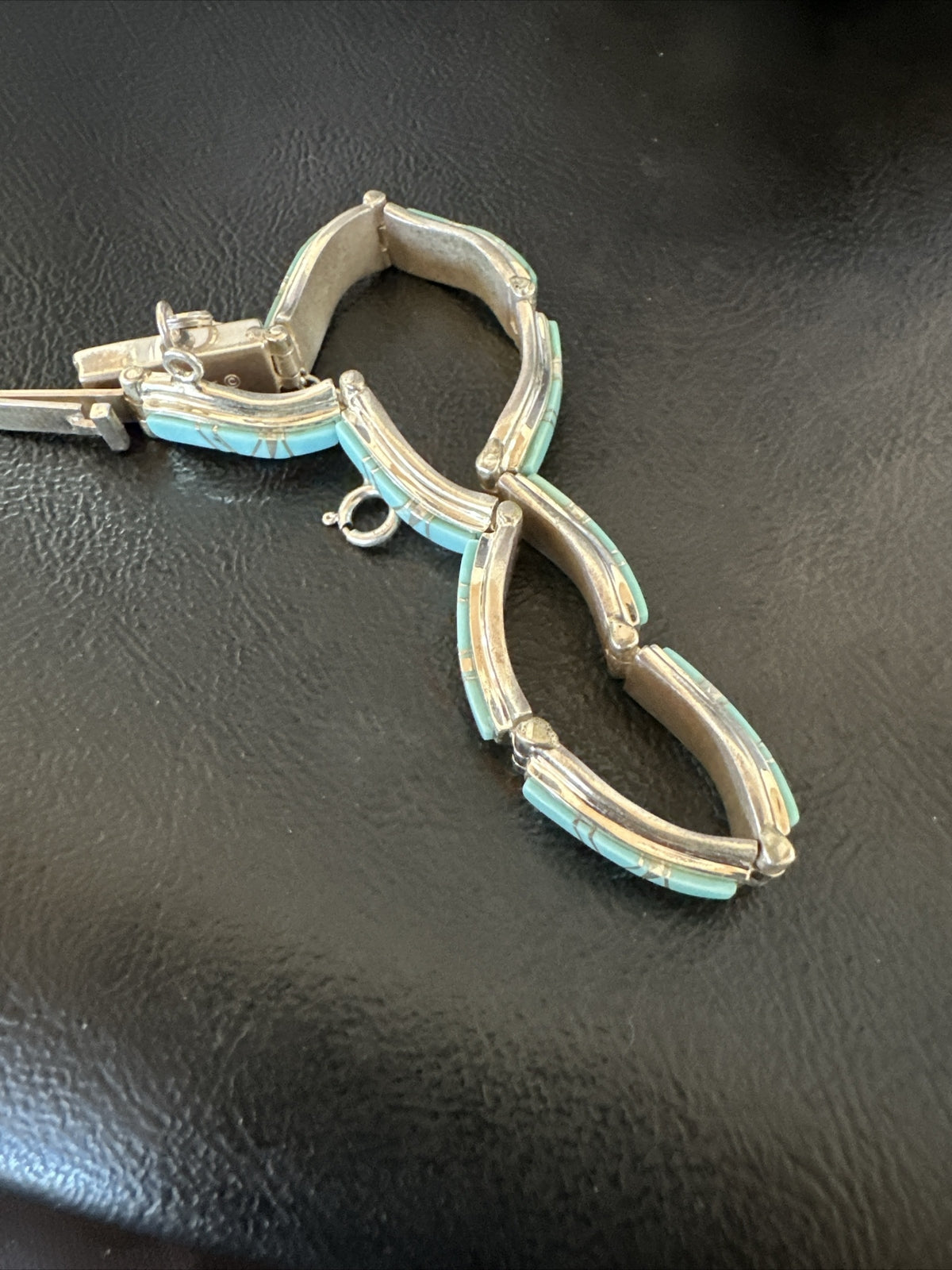 Blue Turquoise Navajo Old Pawn Sterling Silver Inlay Bracelet 8” 18132