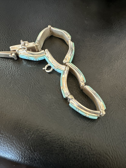 Blue Turquoise Navajo Old Pawn Sterling Silver Inlay Bracelet 8” 18132