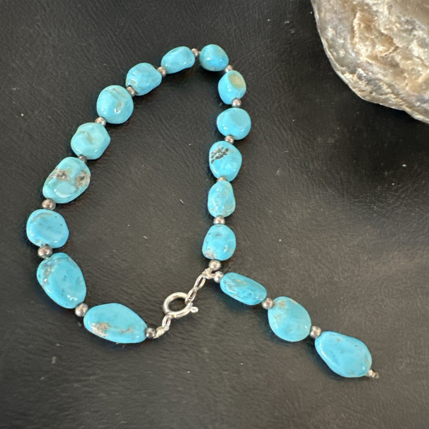 Blue Sleeping Beauty Nugget Turquoise Sterling Silver Navajo Bracelet 7.5” 18608