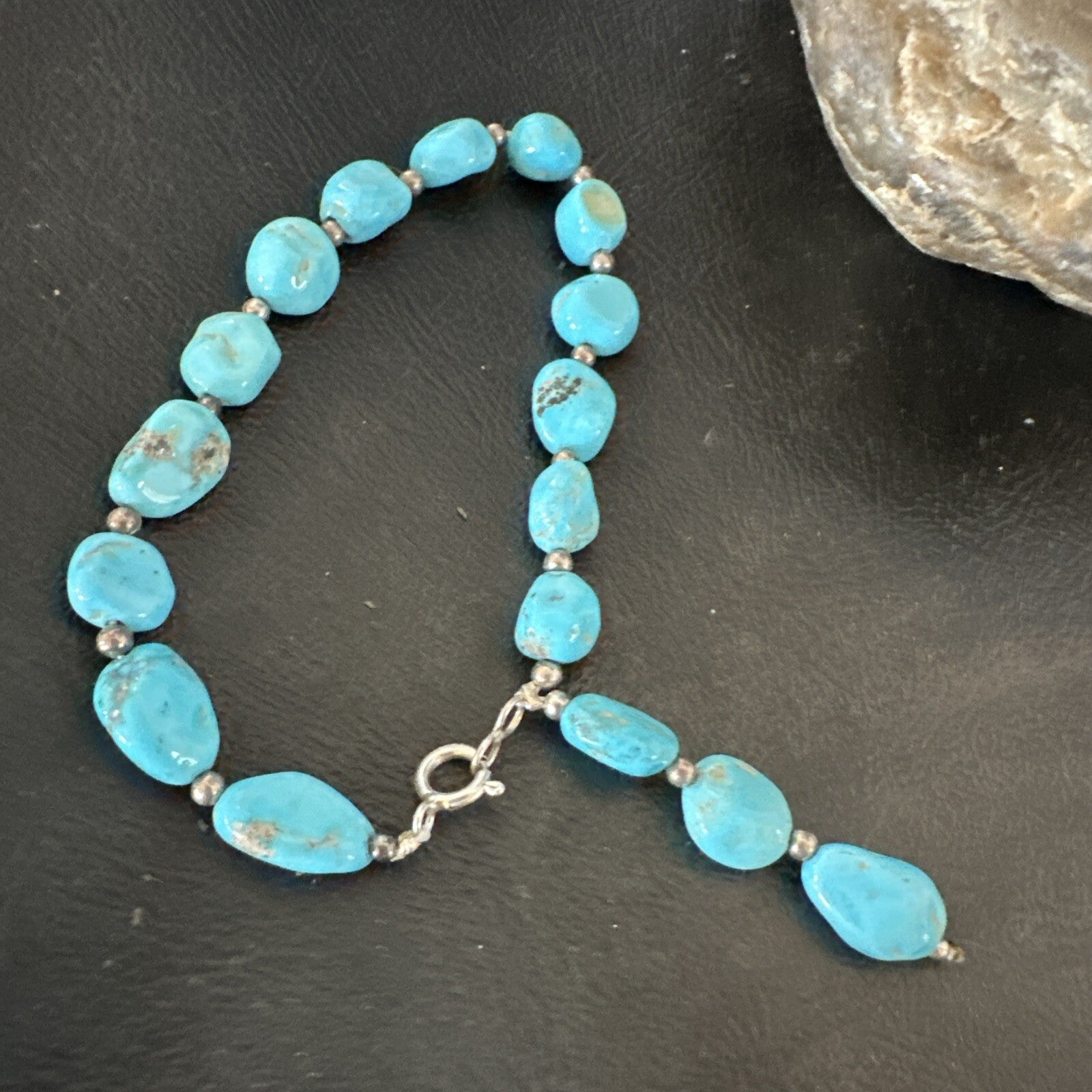 Blue Sleeping Beauty Nugget Turquoise Sterling Silver Navajo Bracelet 7.5” 18608