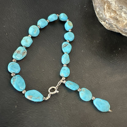 Blue Sleeping Beauty Nugget Turquoise Sterling Silver Navajo Bracelet 7.5” 18608
