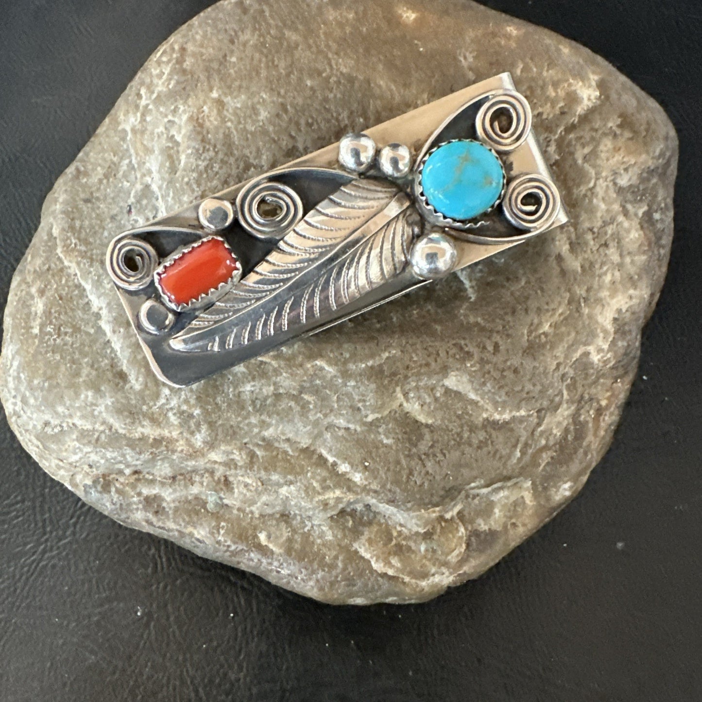 Mens Women Blue Turquoise Coral Navajo Stainless Stamped Silver Money Clip 19736