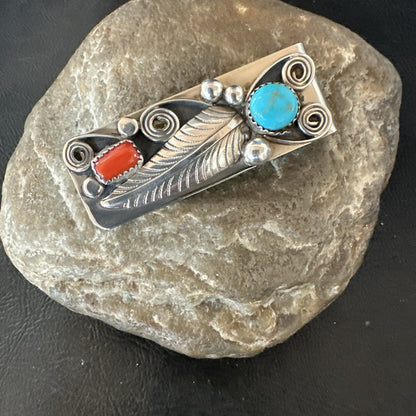Mens Women Blue Turquoise Coral Navajo Stainless Stamped Silver Money Clip 19736