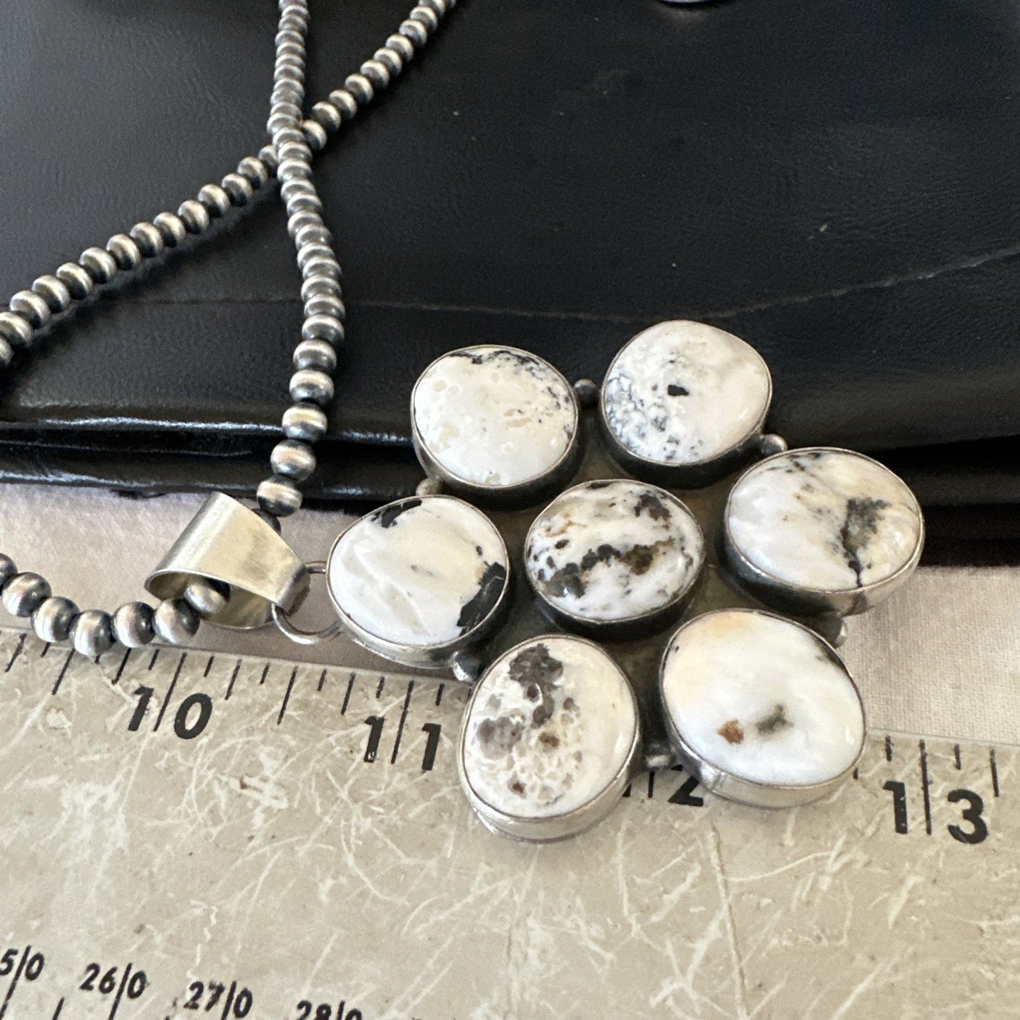 White Buffalo Turquoise Cluster Pendant Navajo Sterling Silver Necklace 19270