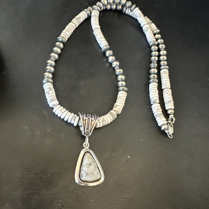 White Buffalo Turquoise Pendant Navajo Pearls Sterling Silver Necklace 22" 18260
