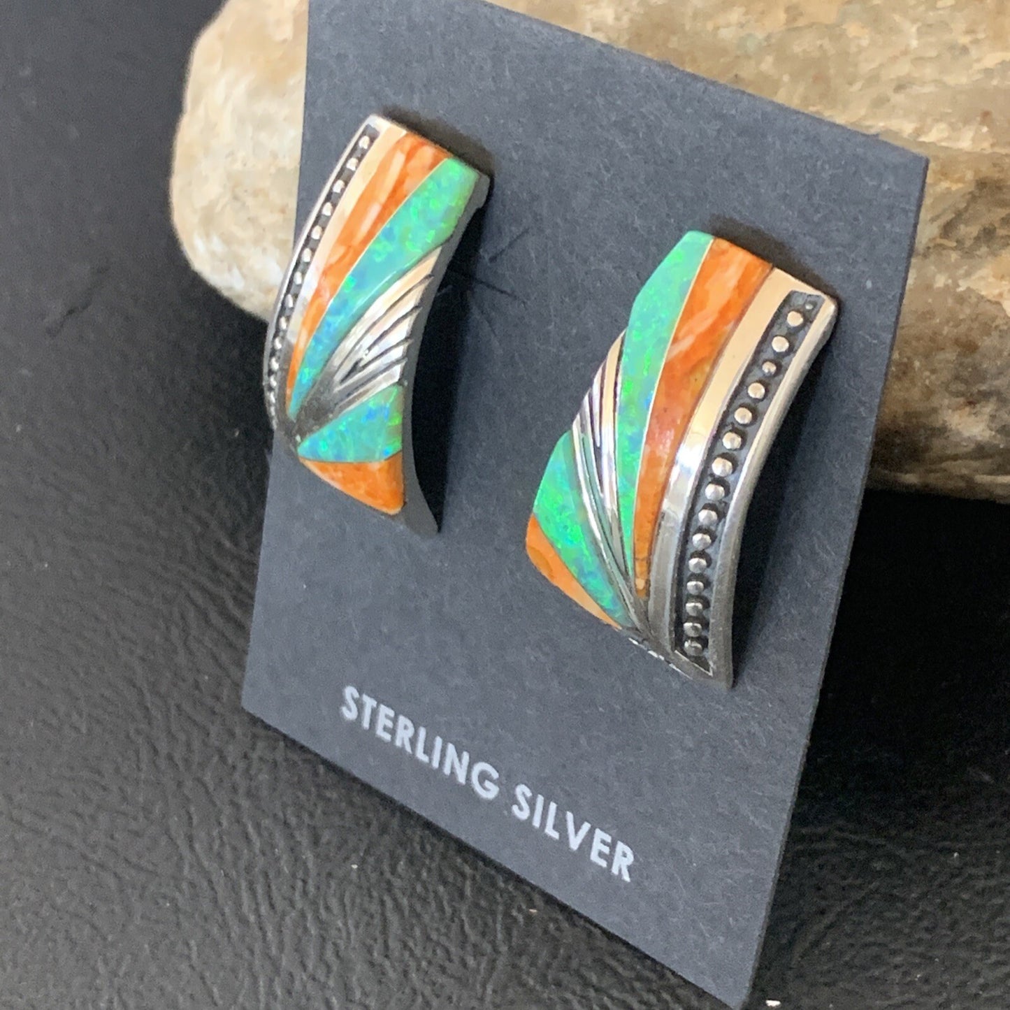 Navajo Blue Opal Oran Spiny Oyster Inlay Sterling Silver Earrings 12118