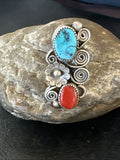 Cluster Kingman Turquoise Purple Spiny Navajo Ring Sz 6.5 | Sterling Silver | Authentic Native American Handmade | 19765
