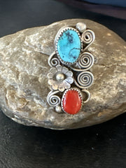 Cluster Kingman Turquoise Purple Spiny Navajo Ring Sz 6.5 | Sterling Silver | Authentic Native American Handmade | 19765