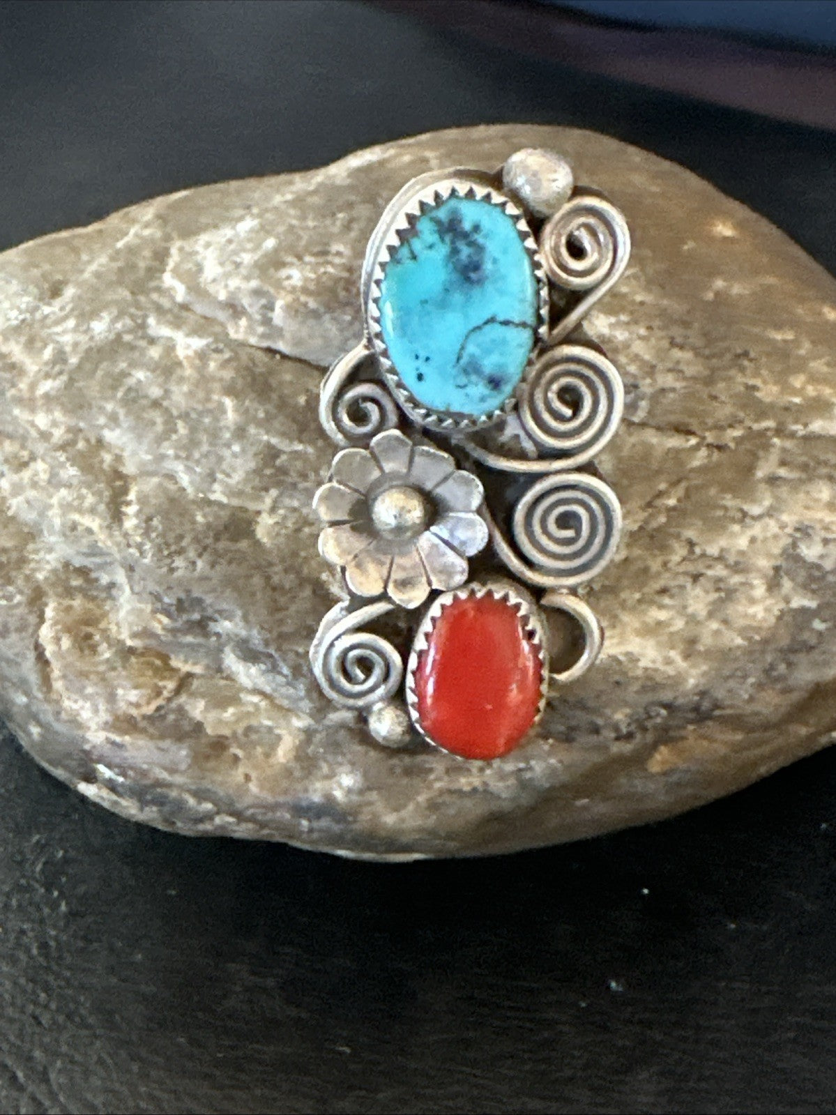 Cluster Kingman Turquoise Purple Spiny Navajo Sterling Silver Ring Sz 6.5 19765