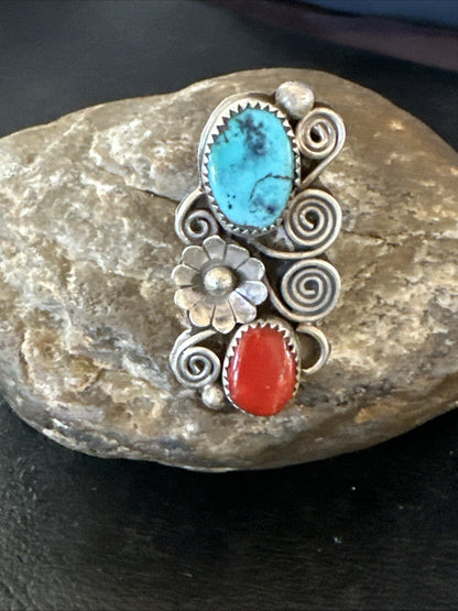 Cluster Kingman Turquoise Purple Spiny Navajo Sterling Silver Ring Sz 6.5 19765