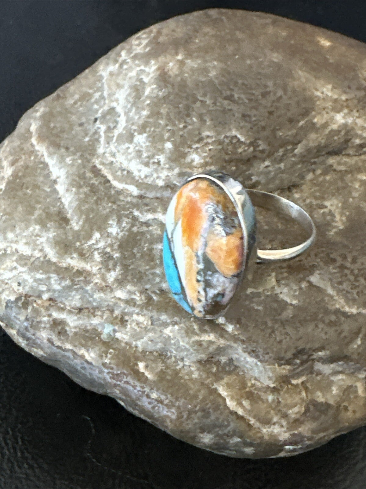 Blue Turquoise Spiny Oyster Southwestern Sterling Silver Ring Size 8 18430