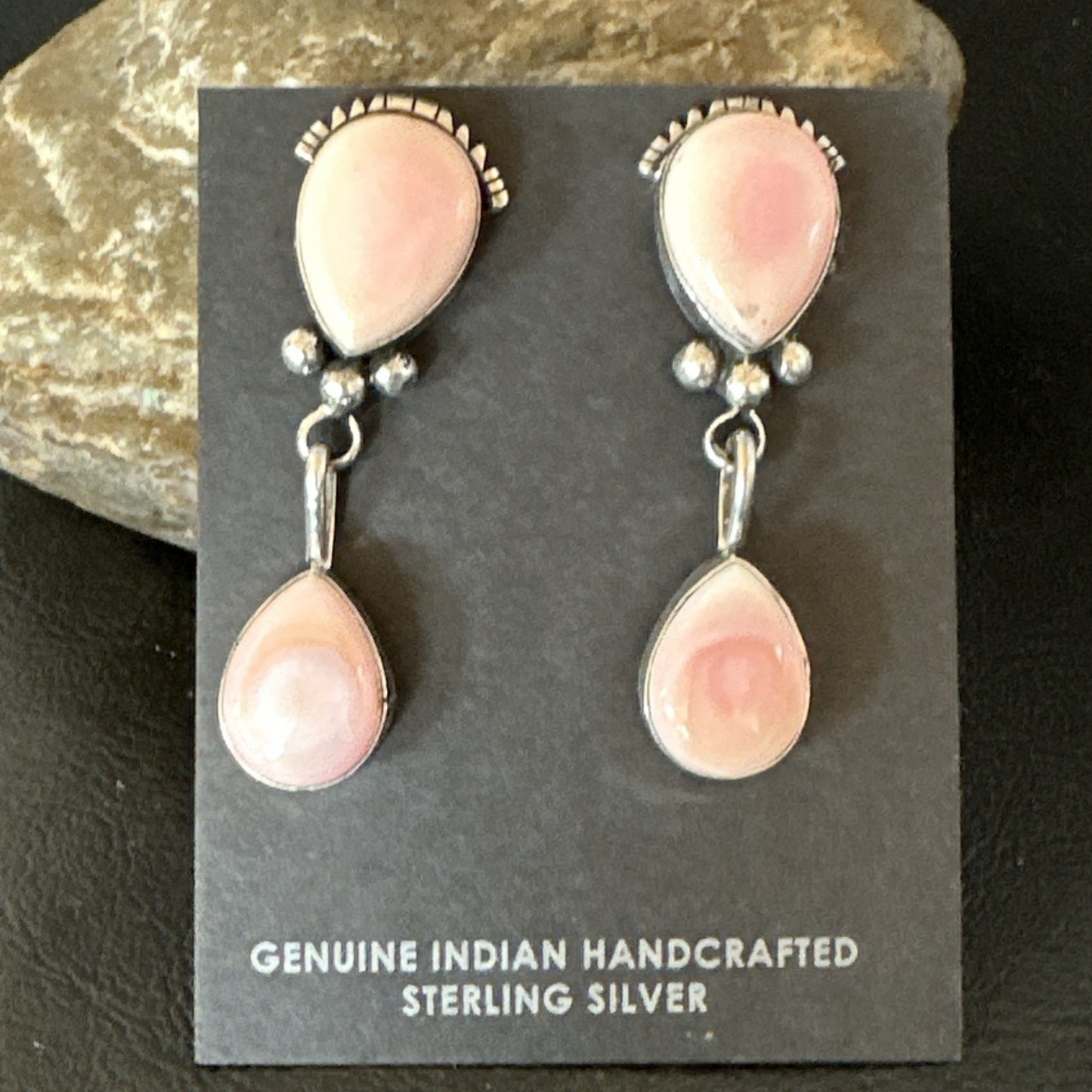 Yazzie Pink Queen Conch Navajo Sterling Silver Post Dangle Earrings 19796