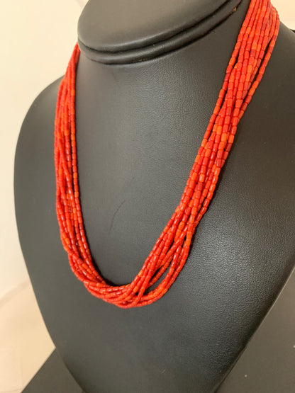 Apple Coral Tube Heishi Bead 10 Strand Navajo Sterling Silver Necklace 17” 4708