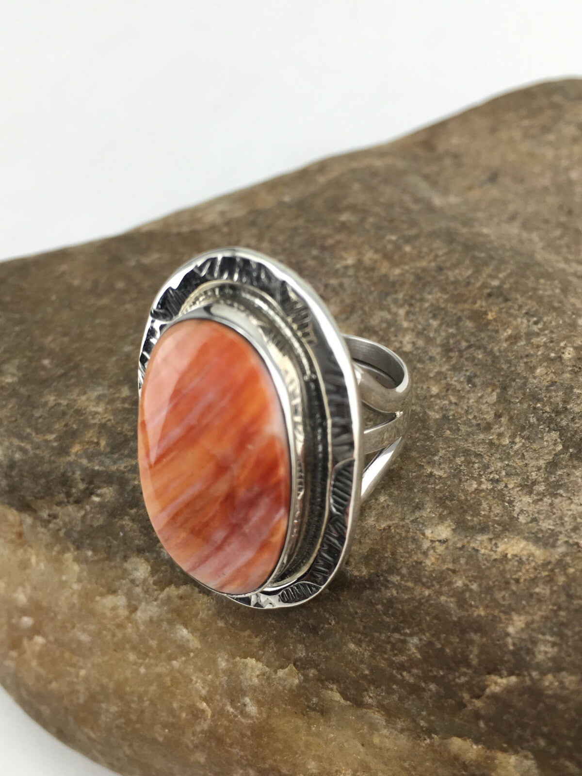 Orange Spiny Oyster Southwestern Sterling Silver Ring Size 7.75 04888