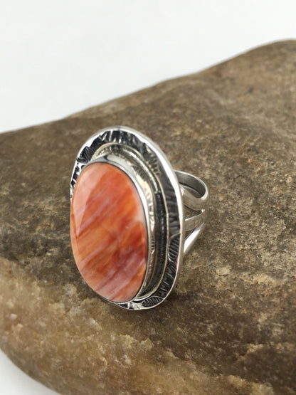 Orange Spiny Oyster Southwestern Sterling Silver Ring Size 7.75 04888