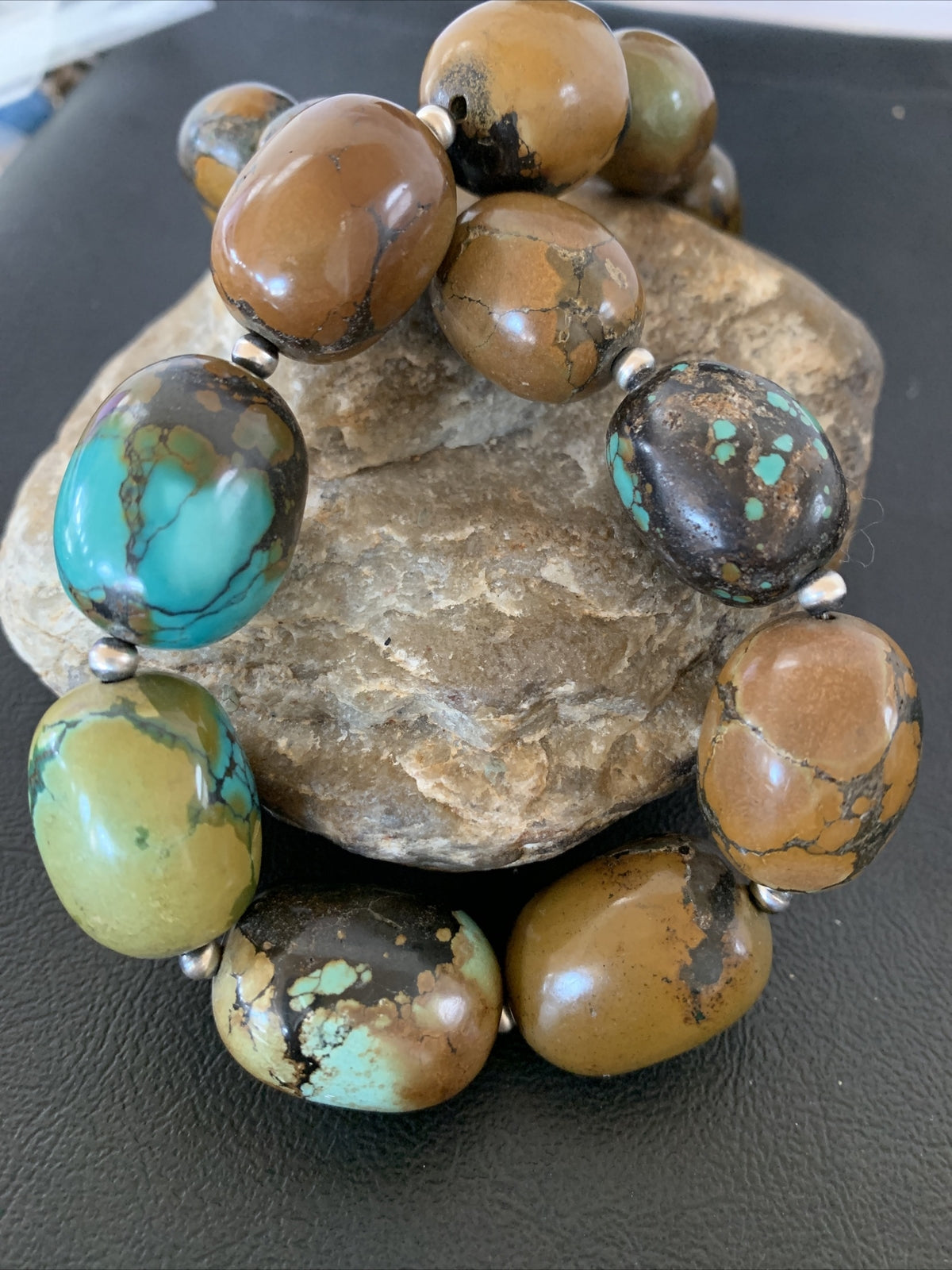 Green Chunky Turquoise Graduated Navajo Sterling Silver Necklace 20" 02113