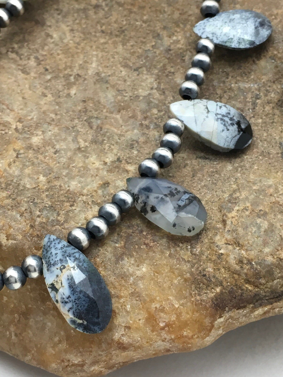 Black Rutile & Opal Pear Shaped Navajo Pearls Sterling Silver Necklace 04091